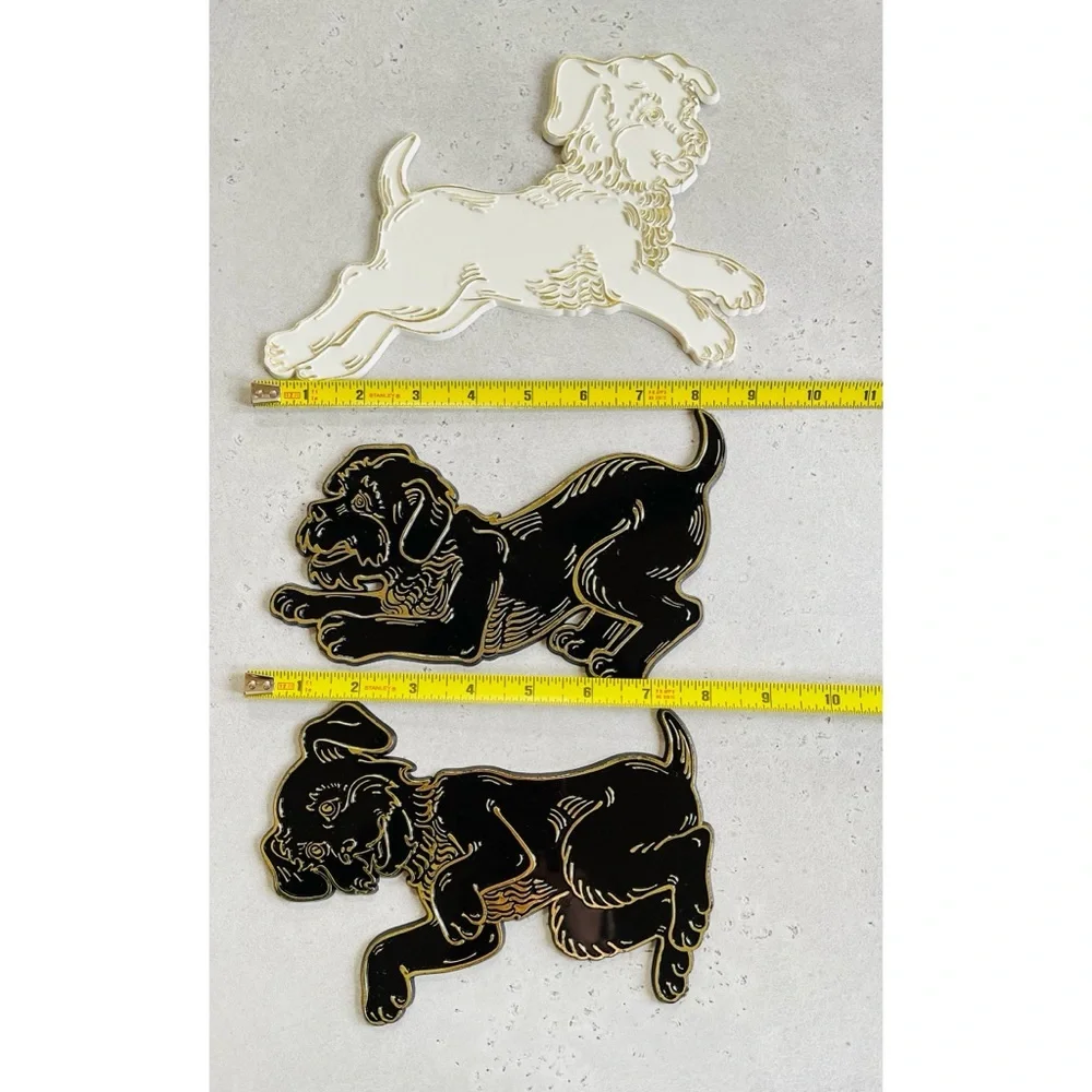Set of 3 Vintage 70s Plastic Invicta England Puppy Dog Plaques Black White Gold